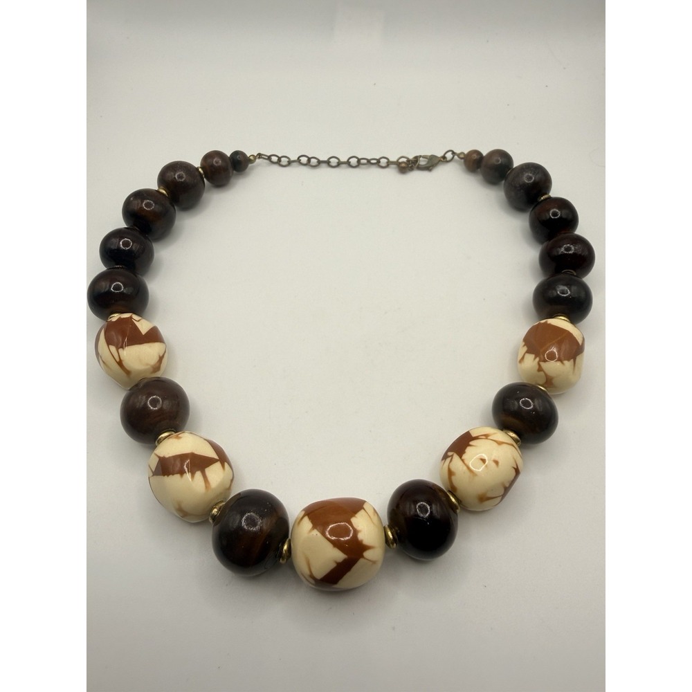 Boho Beaded Necklace Chunky Wood Kukui Shell Dark Brown Tan Butterscotch 17"